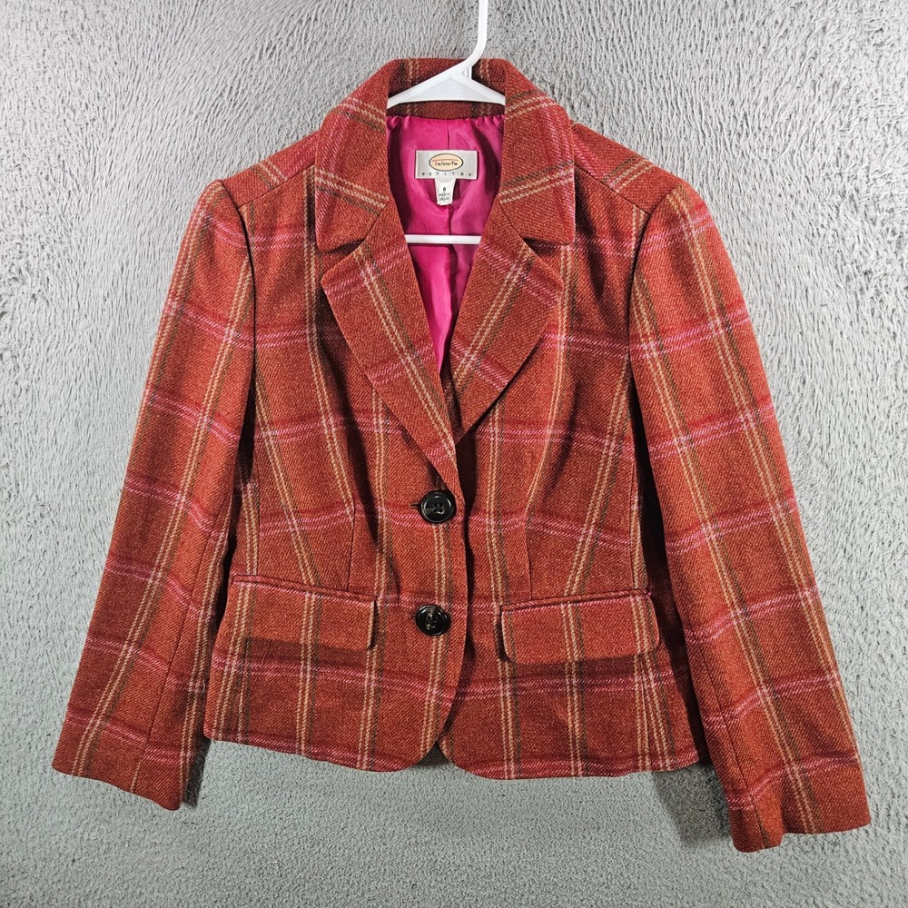Talbots Petites Orange Pink Plaid 100% Wool Peplum Blazer Jacket Size 8P